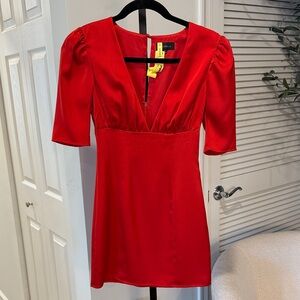 Majorelle Red Satin Plunge Mini Dress